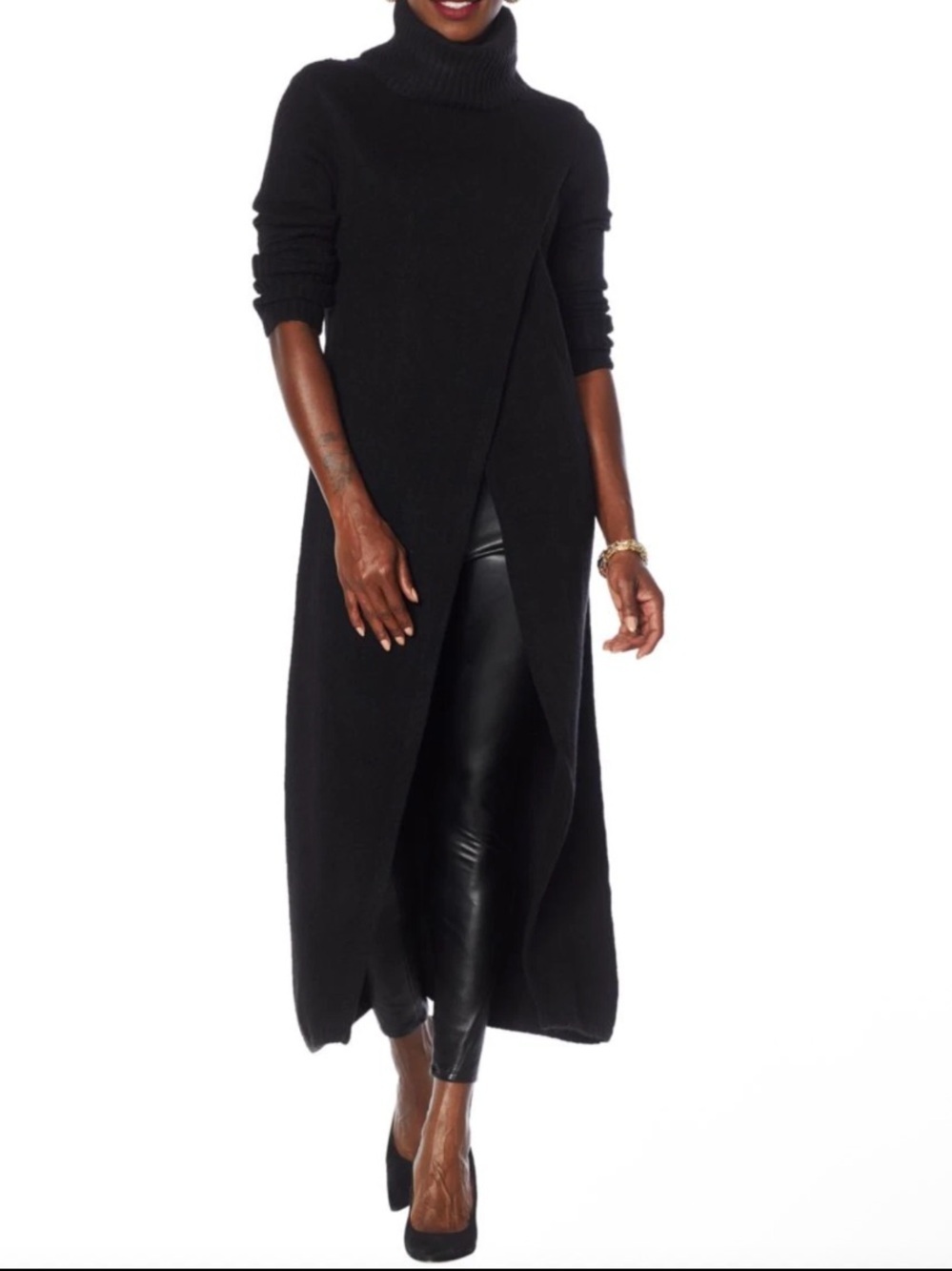 G by Giuliana black label thick turtleneck slit midi sweater dress